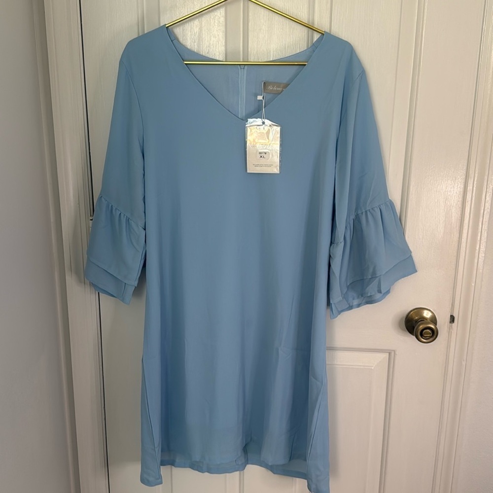 New Belongsci Woman’s Dress with Ruffled Bell Sleeves, V Neck & Zipper Back
